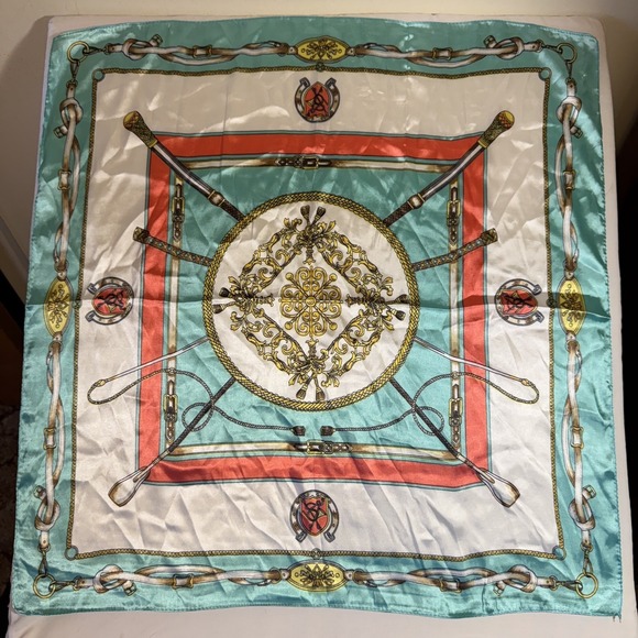 The Unbranded Brand Accessories - SCARF 23 x 23" EQUESTRIAN Riding Crops TEAL Poly Silk Blend